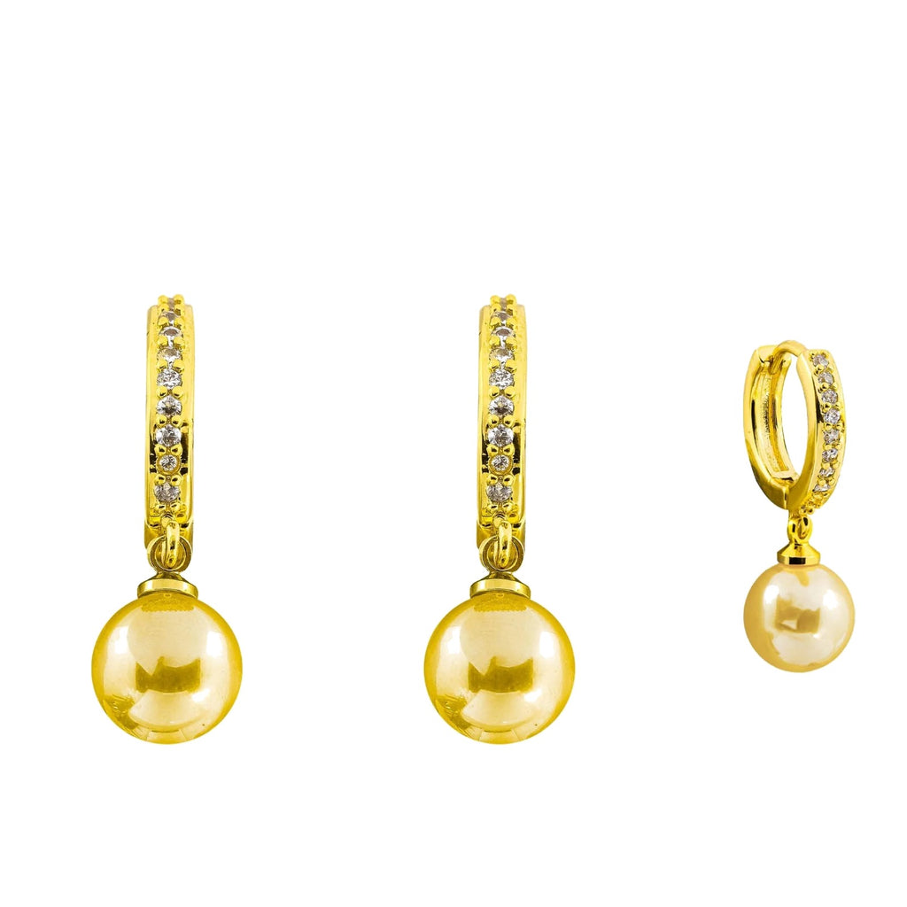 Golden Pearl Drop Hoops, sparkling huggies with golden pearl drops