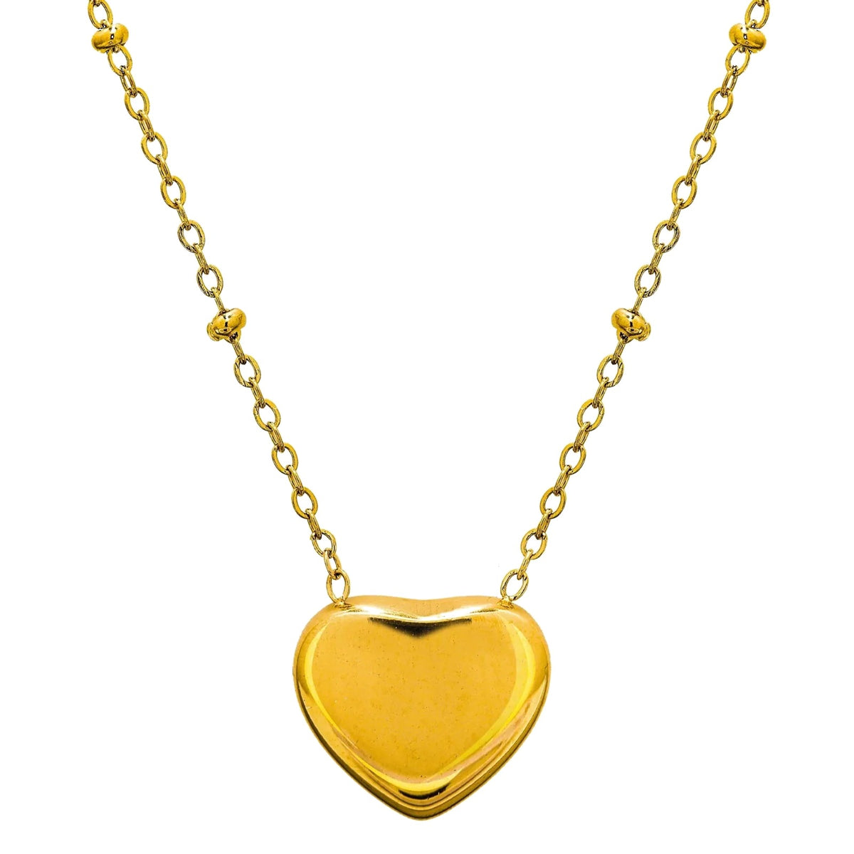 Puffy Heart Necklace, gold-tone heart pendant on a beaded chain