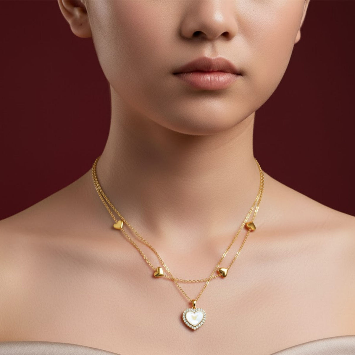 Layered Heart Necklace worn on the neck
