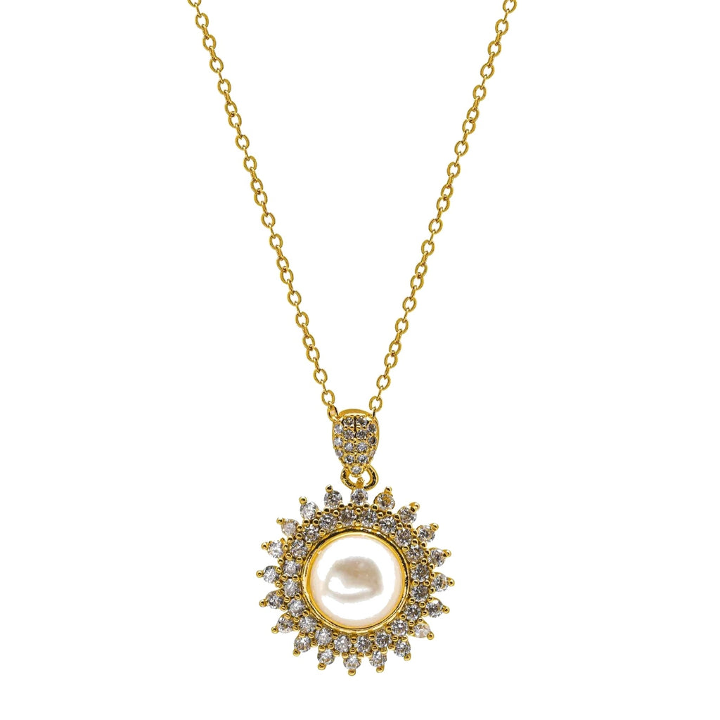 Pearl Sunburst Necklace, gold-tone sunburst pendant with a pearl center