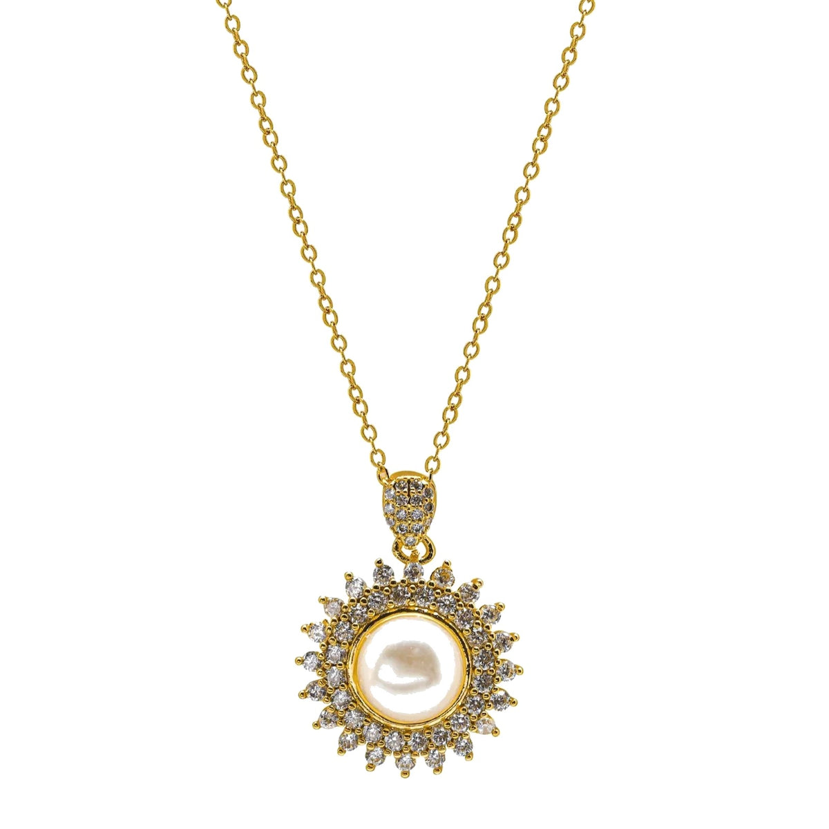 Pearl Sunburst Necklace, gold-tone sunburst pendant with a pearl center