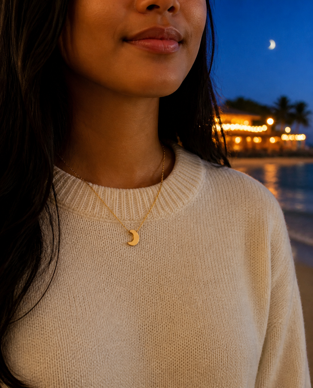 Crescent Moon Necklace worn at blue hour on Alona Beach