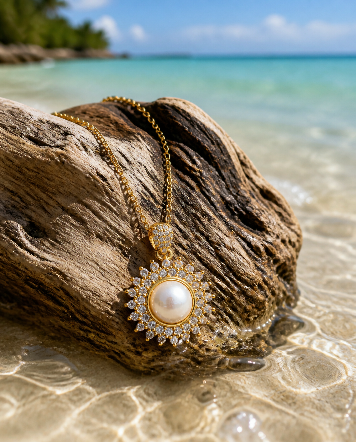 Pearl Sunburst Necklace on driftwood at the Panglao waterline