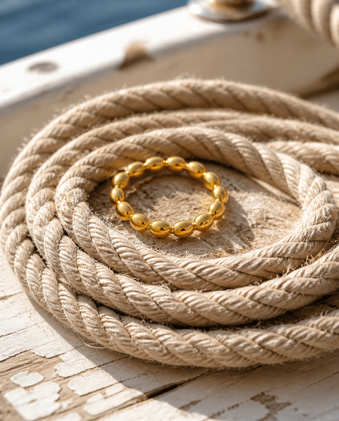 Beaded gold ring on coiled boat rope