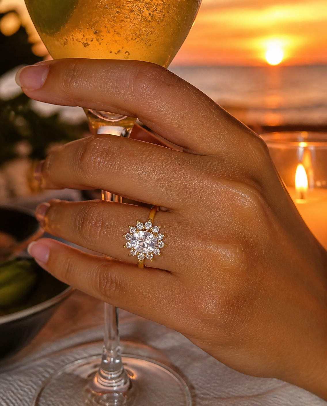 Halo Sparkle Ring worn at a sunset beach dinner