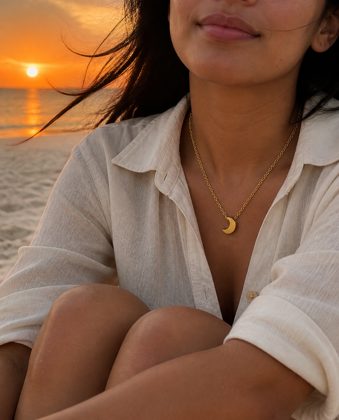 Crescent Moon Necklace worn at sunset on the sand
