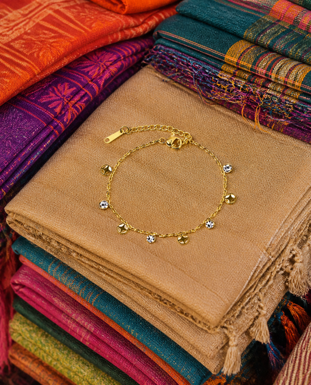 Dangling Charm Bracelet on handwoven textiles