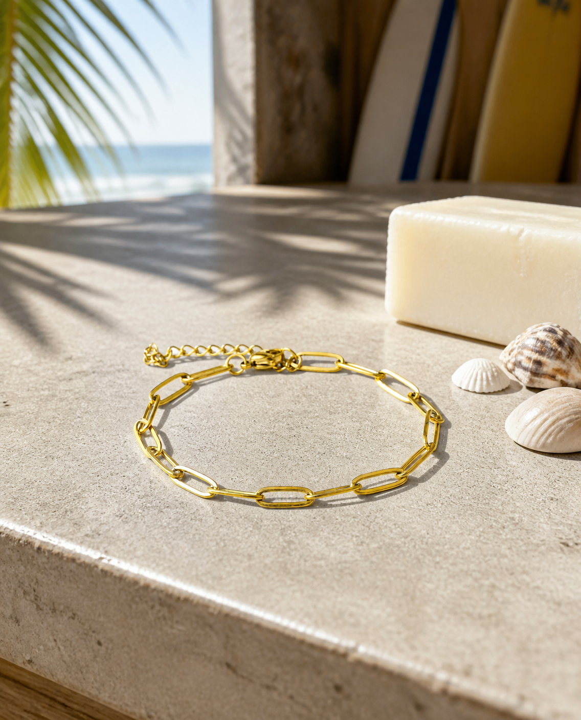 Paperclip Chain Bracelet on a surf shack counter