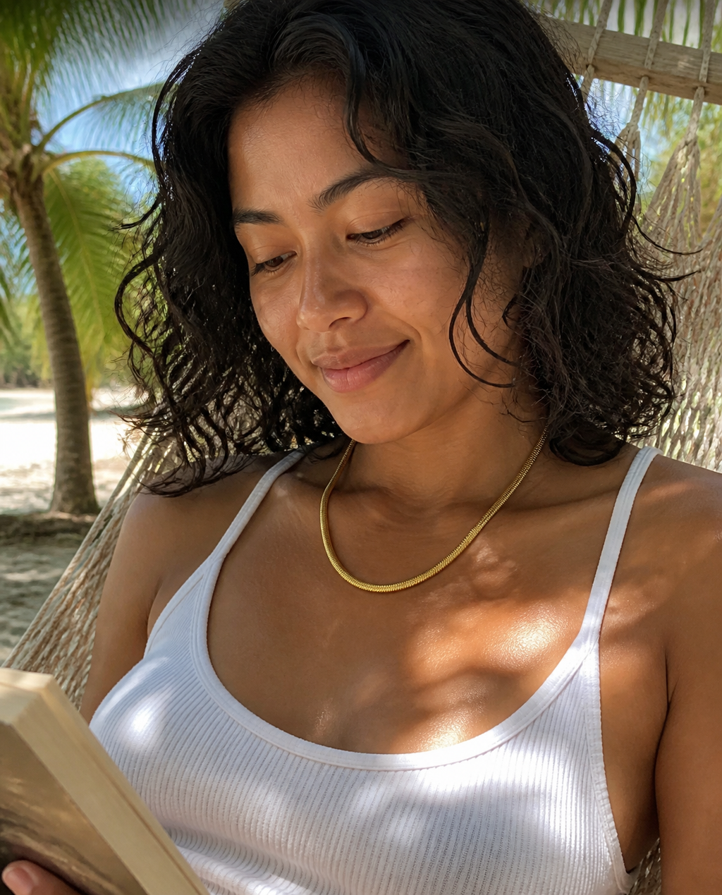 Dainty Layering Chain worn while reading in a hammock