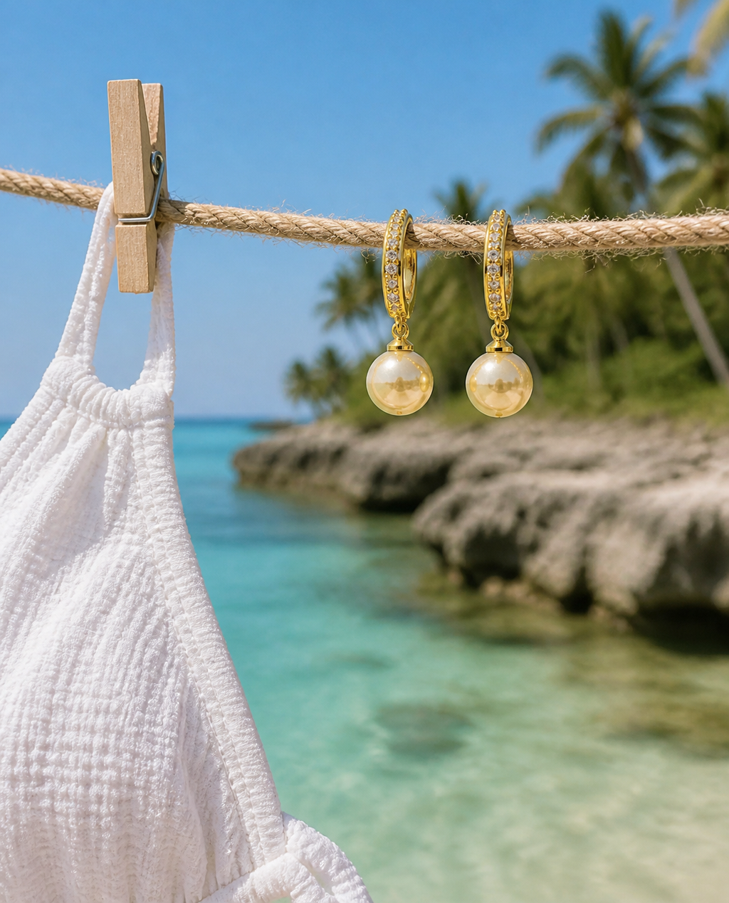 Golden Pearl Drop Hoops hanging on a beach clothesline
