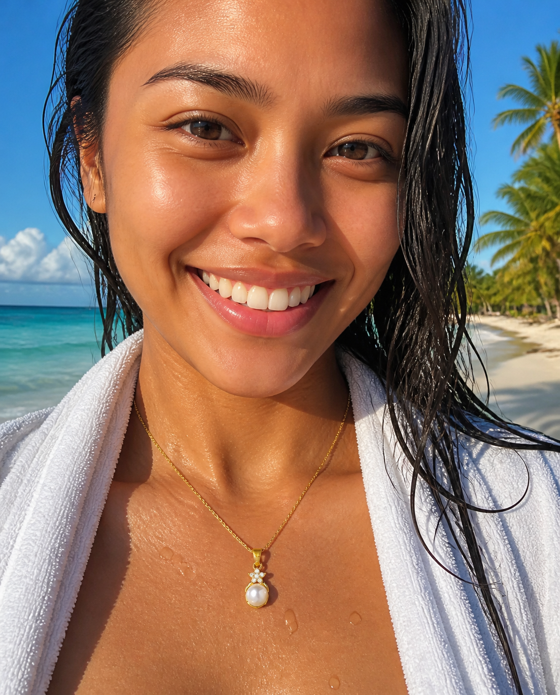 Pearl Star Pendant Necklace worn after a swim with a beach towel