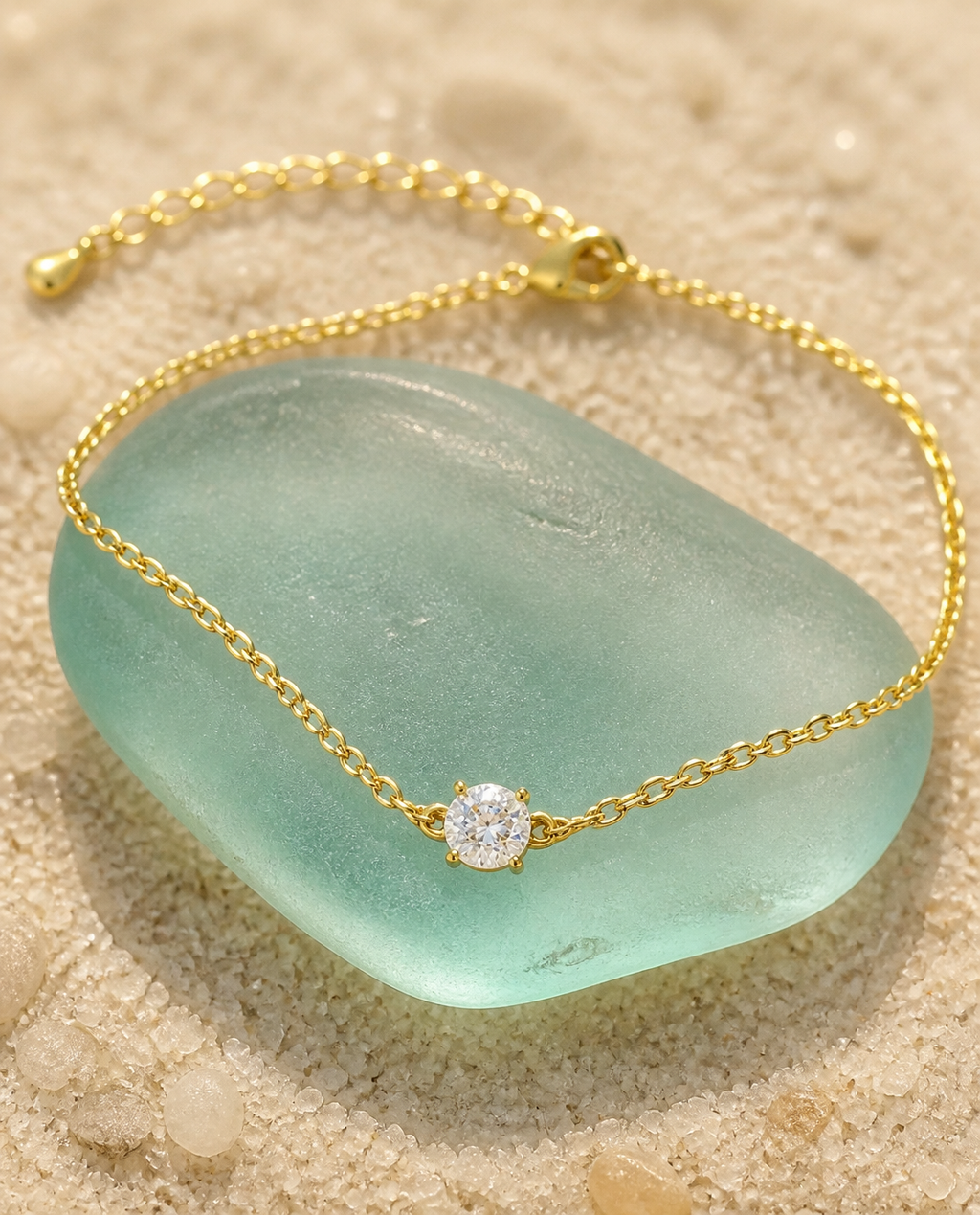 Solitaire Chain Bracelet on aqua sea glass