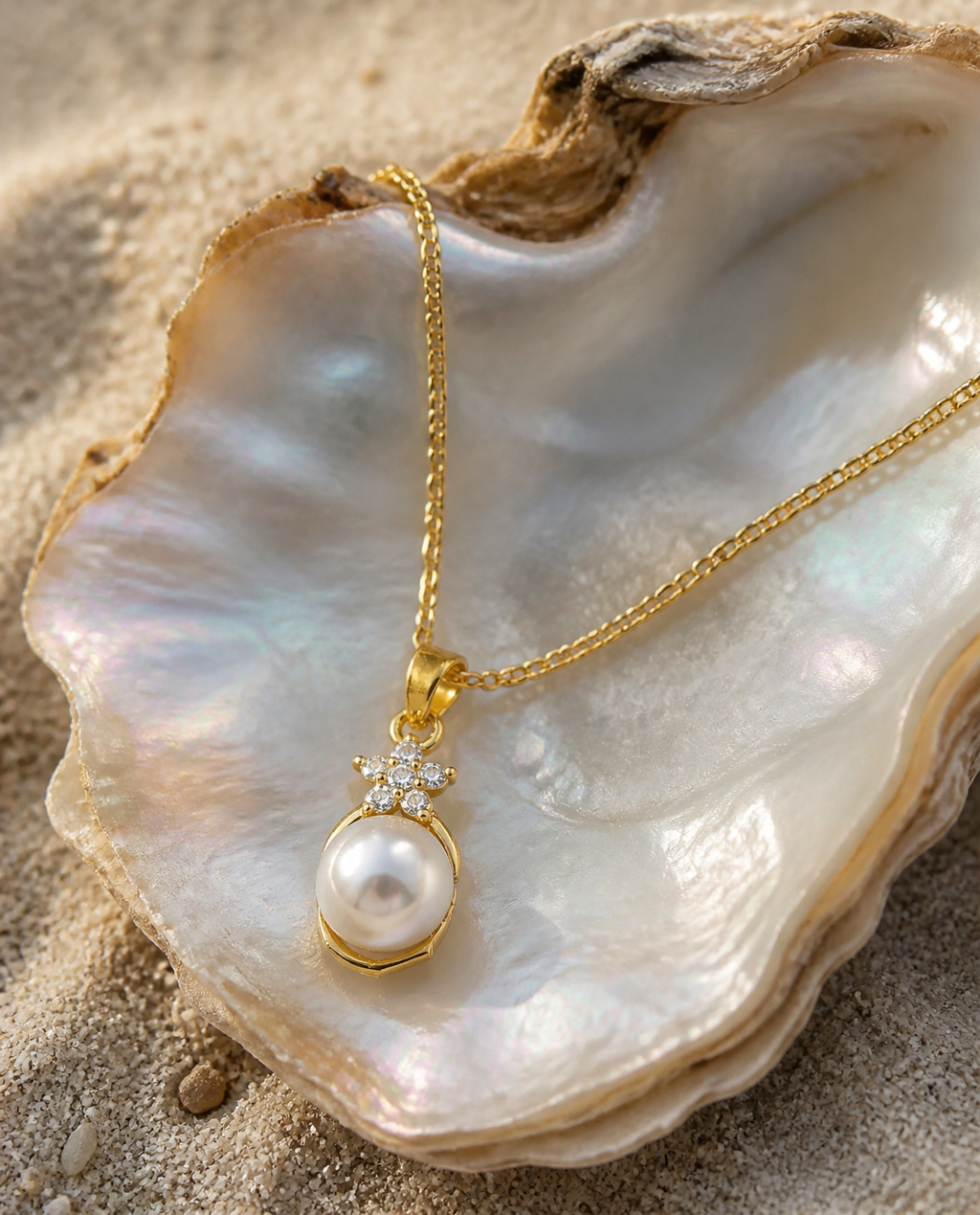 Pearl Star Pendant Necklace on a mother-of-pearl oyster shell
