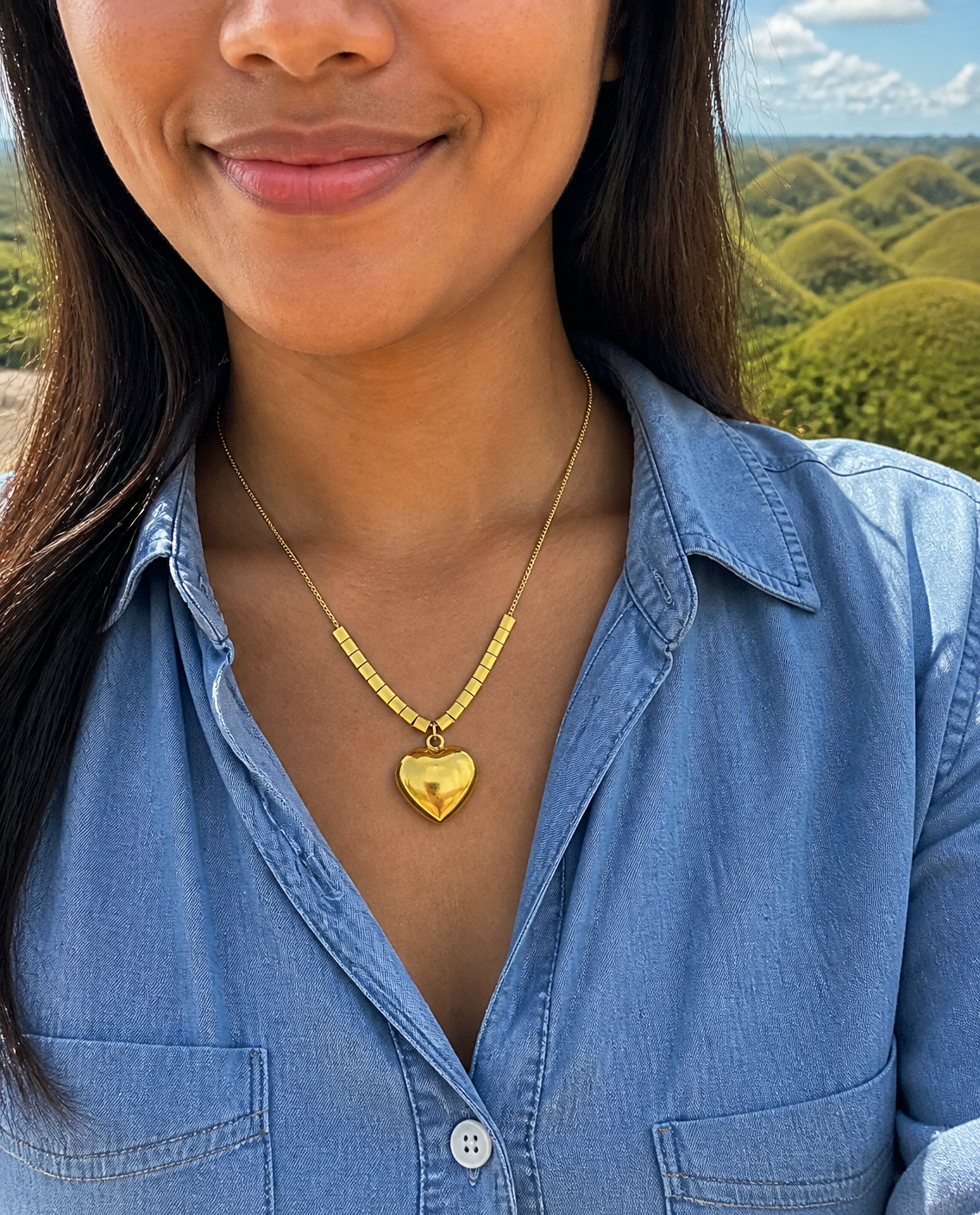 Golden Heart Pendant Necklace worn at the Chocolate Hills, Bohol