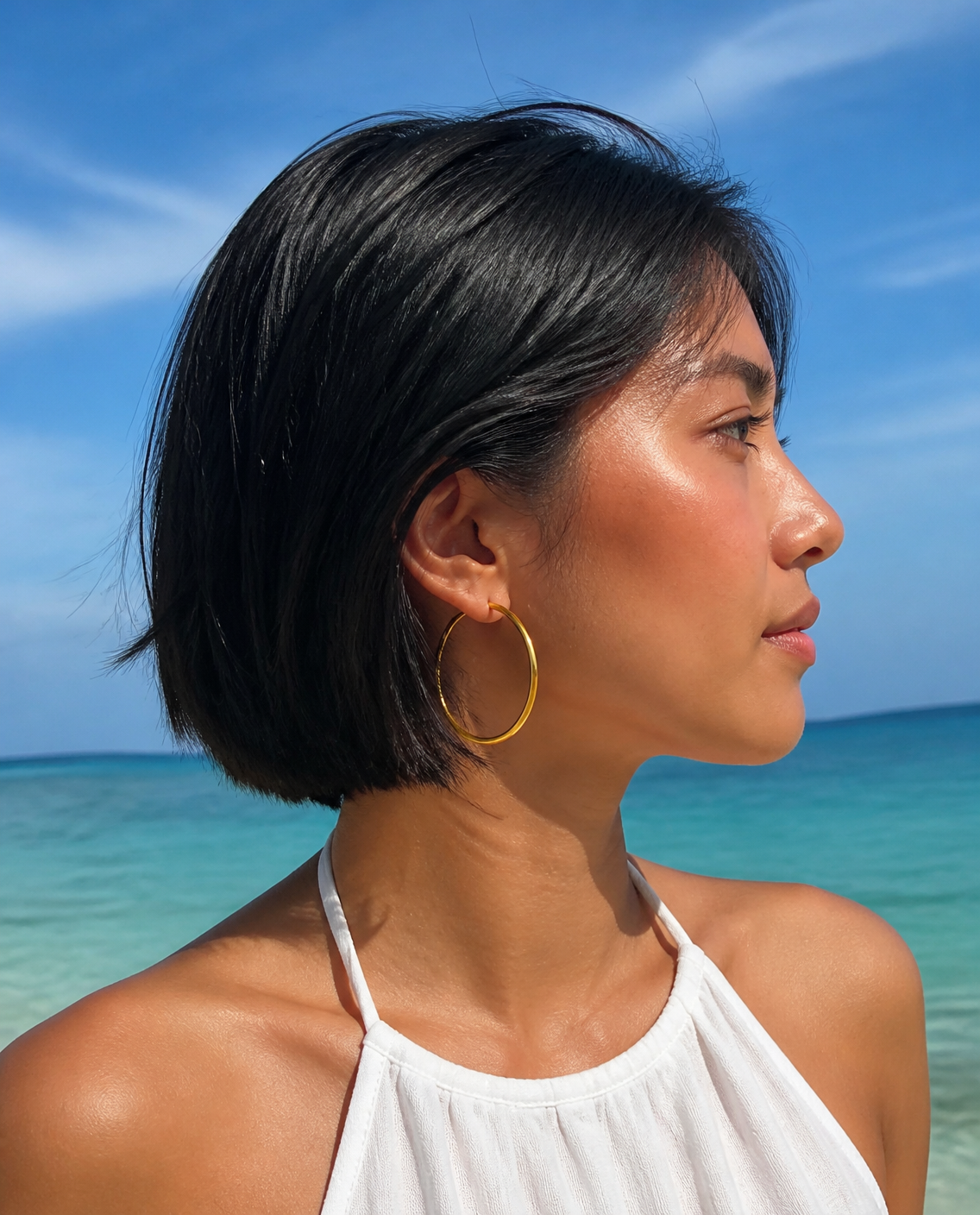 Thin Endless Hoops worn with a bob haircut