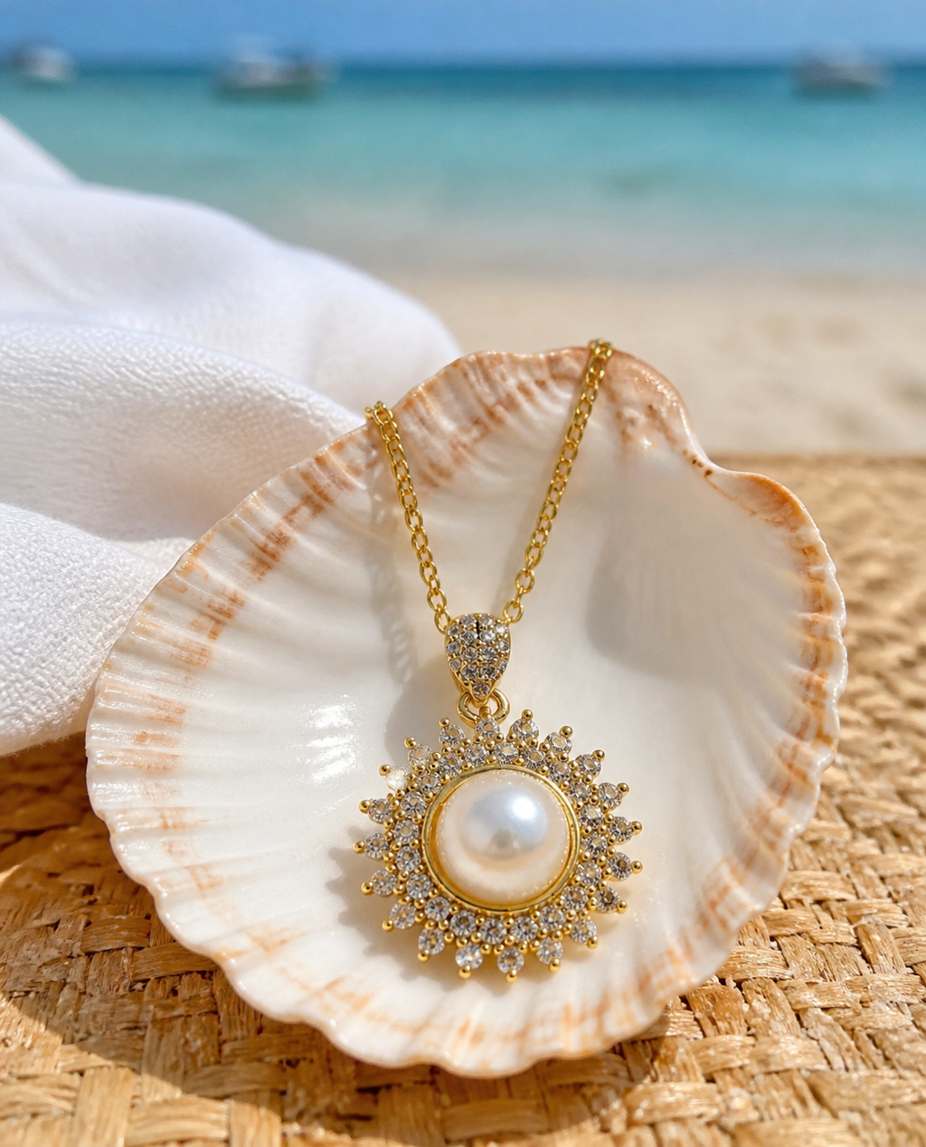 Pearl Sunburst Necklace resting in a scallop shell