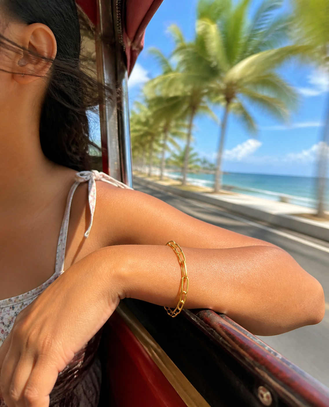 Paperclip Chain Bracelet worn on a tricycle ride